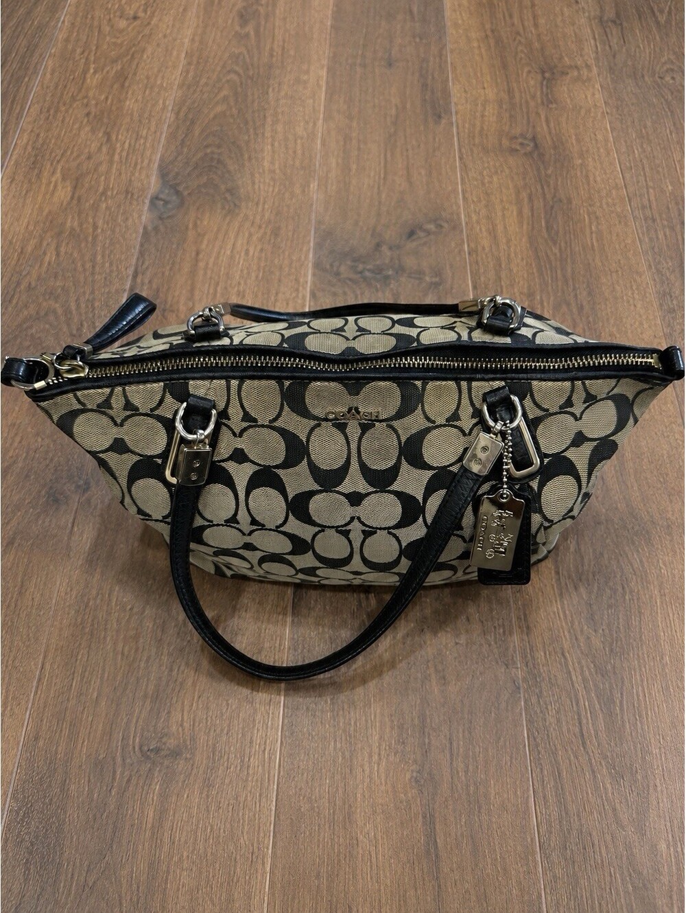 Coach Signature Logo Satchel Top Handle Bag Black/Beige Zip Silver Charm